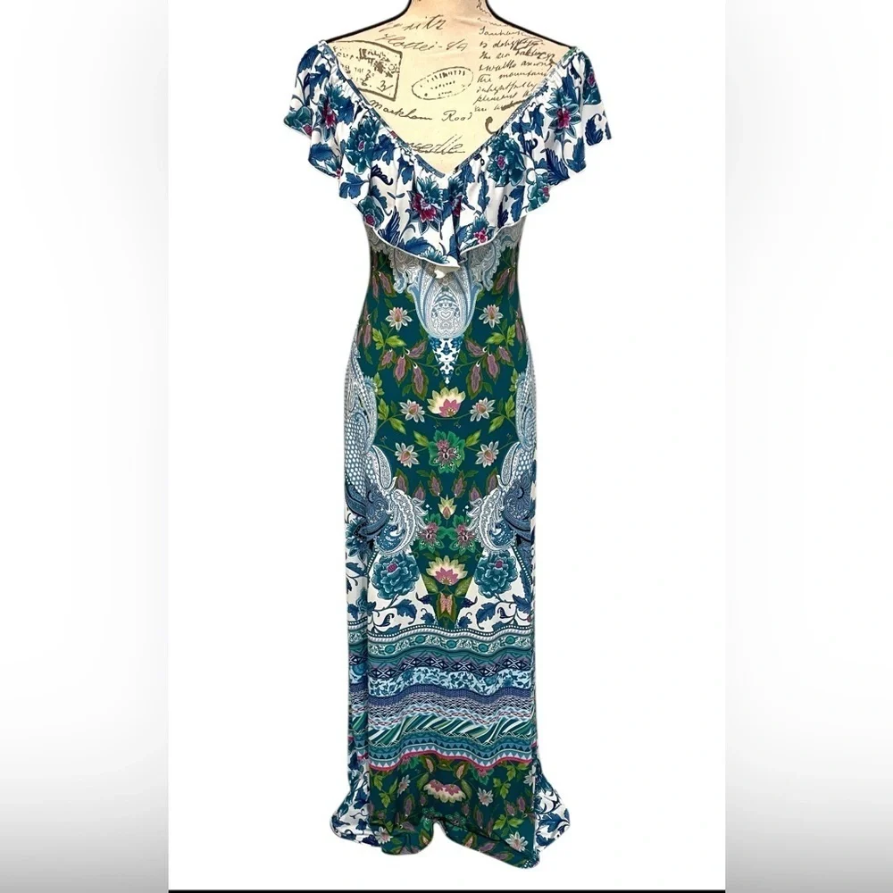 Hale Bob Floral Resort Maxi Dress XS Blue Green Ruffle Neck EUC